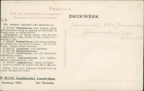 Adressseite der Ansichtskarte Gummersbach-Gummeroth, Restauration von Fr. Carl Bettenbühl