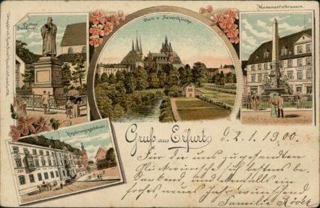 Alte Ansichtskarte Gruss aus Erfurt, Luther Denkmal, Dom u. Severikirche, Monumentalbrunnen, Regierungsgebäude