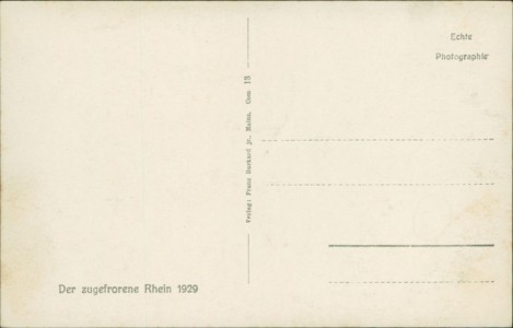 Adressseite der Ansichtskarte Bacharach, Der zugefrorene Rhein 1929