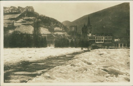 Alte Ansichtskarte Bacharach, Der zugefrorene Rhein 1929