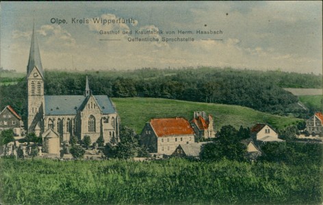 Alte Ansichtskarte Olpe, Gasthof und Krautfabrik von Herm. Haasbach, Oeffentliche Sprechstelle
