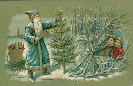 Alte Ansichtskarte Frohe Weihnachten, Weihnachtsmann im blauen Mantel fällt Tannenbaum