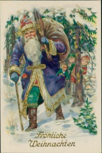 Alte Ansichtskarte Fröhliche Weihnachten, Weihnachtsmann im violetten Mantel