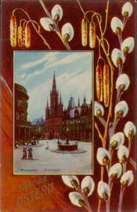 Alte Ansichtskarte Wiesbaden, Fröhliche Ostern, Schloßplatz, Weidenkätzcchen