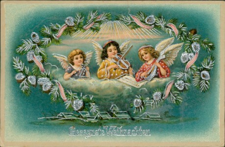 Alte Ansichtskarte Gesegnete Weihnachten, Musizierende Engel
