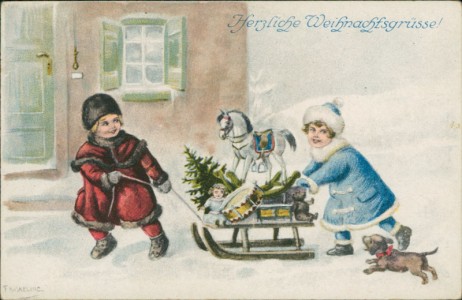 Alte Ansichtskarte Herzliche Weihnachtsgrüsse, Kinder ziehen Schlitten