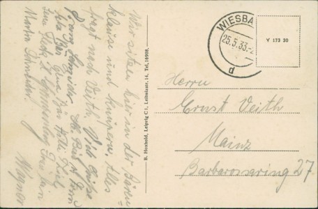 Adressseite der Ansichtskarte Wiesbaden, Waldschänke Knusperhäuschen, Bes. Ludwig Maurer, Wiesbaden-Chausseehaus