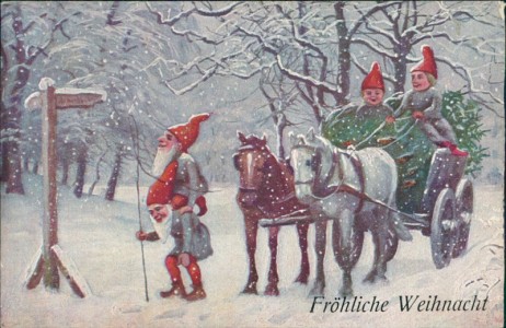 Alte Ansichtskarte Fröhliche Weihnachten, Zwerge mit Kutsche