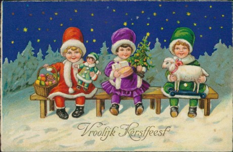 Alte Ansichtskarte Vroolijk Kerstfeest, Kinder auf Bank mit Puppe