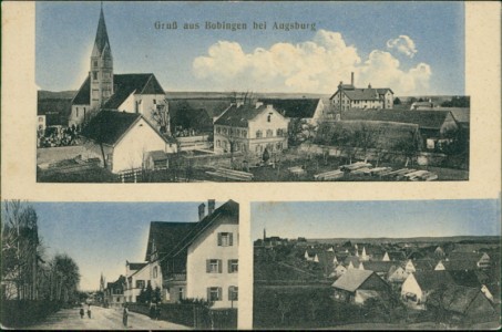 Alte Ansichtskarte Bobingen, Teilansicht mit Kirche, Straßenpartie, Wohnhäuser