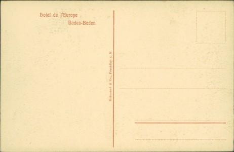 Adressseite der Ansichtskarte Baden-Baden, Hotel de l'Europe. Restaurant-Terrasse mit Aussicht auf den Kurgarten