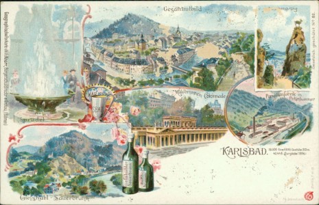 Alte Ansichtskarte Karlovy Vary / Karlsbad, Sprudel, Gesamtbild, Mühlbrunnen-Clonnade, Porzellanfabrik in Pirkenhammer, Gießhübl-Sauerbrunn