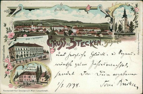 Alte Ansichtskarte Štoky / Stecken / Stöcken, Stecken b/Iglau, Kirche, Schul- u. Gerichtsgebäude, Schloss