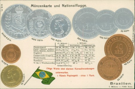 Alte Ansichtskarte Brasilien/ Brazil, Münzen und Flagge auf Ansichtskarte / states coin card