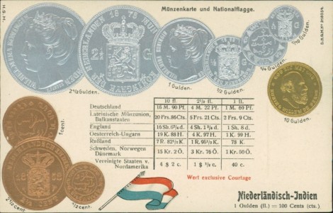 Alte Ansichtskarte Niederländisch-Indien / Dutch India, Münzenkarte und Nationalflagge / states coin card