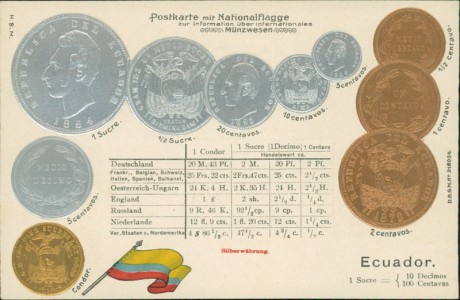 Alte Ansichtskarte Ecuador, Münzenkarte und Nationalflagge / states coin card