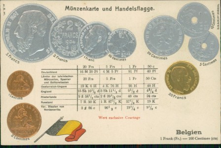 Alte Ansichtskarte Belgien / Belgium, Münzen und Flagge auf Ansichtskarte / states coin card