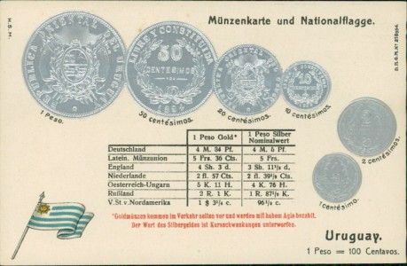 Alte Ansichtskarte Uruguay, Münzen und Flagge auf Ansichtskarte / states coin card