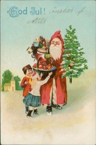 Alte Ansichtskarte God Jul, Weihnachtsmann mit Tannenbaum und Geschenken