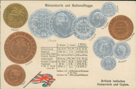 Alte Ansichtskarte Britisch indisches Kaiserreich und Ceylon, Münzenkarte und Nationalflagge / states coin card