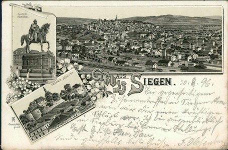 Alte Ansichtskarte Siegen, Kaiser-Denkmal, Gesamtansicht mit Bahnhof, oberes Schloss