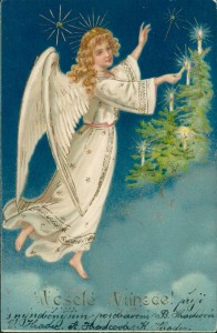 Alte Ansichtskarte Vesele Vanoce, Engel zündet Kerzen am Weihnachtsbaum an