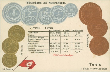 Alte Ansichtskarte Tunis / Tunisia, Münzenkarte und Nationalflagge / states coin card