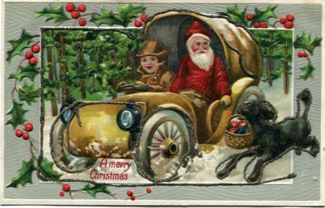 Alte Ansichtskarte A merry Christmas, Weihnachtsmann im Auto
