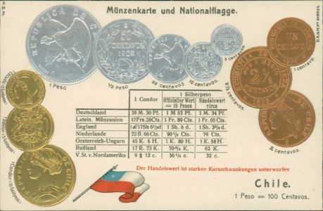 Alte Ansichtskarte Chile, Münzenkarte und Nationalflagge / states coin card