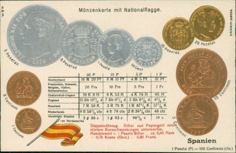 Alte Ansichtskarte Spanien / Spain, Münzenkarte und Nationalflagge / states coin card