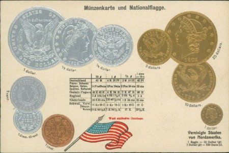 Alte Ansichtskarte Vereinigte Staaten von Nordamerika / United States of America / USA, Münzen und Flagge auf Ansichtskarte / states coin card