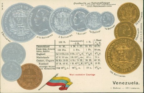 Alte Ansichtskarte Venezuela, Münzen und Flagge auf Ansichtskarte / states coin card