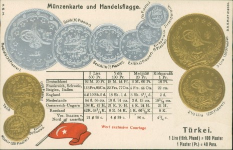 Alte Ansichtskarte Türkei / Turkey, Münzen und Flagge auf Ansichtskarte / states coin card