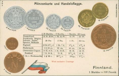 Alte Ansichtskarte Finnland / Finland, Münzenkarte und Nationalflagge / states coin card