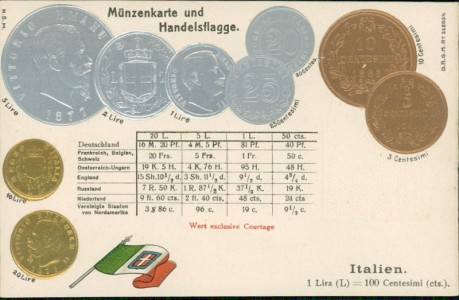 Alte Ansichtskarte Italien / Italy, Münzen und Flagge auf Ansichtskarte / states coin card