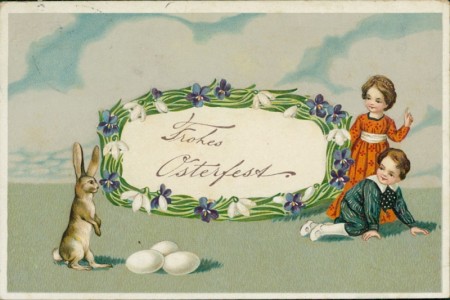 Alte Ansichtskarte Frohes Osterfest, Kinder, Osterhase, Schneeglöckchen, Veilchen