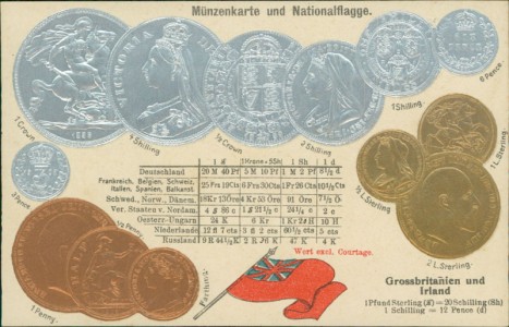 Alte Ansichtskarte Großbritannien und Irland / Great Britain and Ireland, Münzen und Flagge auf Ansichtskarte / states coin card