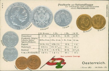 Alte Ansichtskarte Österreich / Austria, Münzen und Flagge auf Ansichtskarte / states coin card