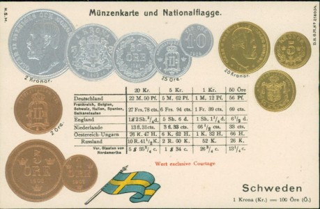 Alte Ansichtskarte Schweden / Sweden, Münzen und Flagge auf Ansichtskarte / states coin card