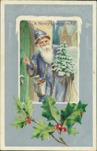 Alte Ansichtskarte A Merry Christmas, Weihnachtsmann im lila Mantel klopft an die Tür