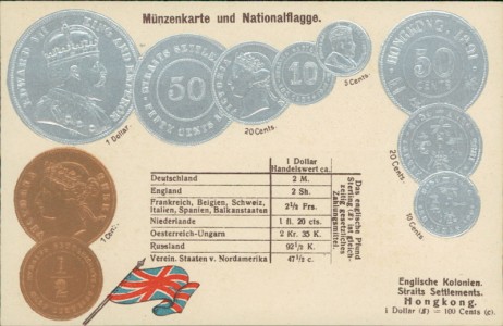 Alte Ansichtskarte Hongkong, Münzen und Flagge auf Ansichtskarte / states coin card