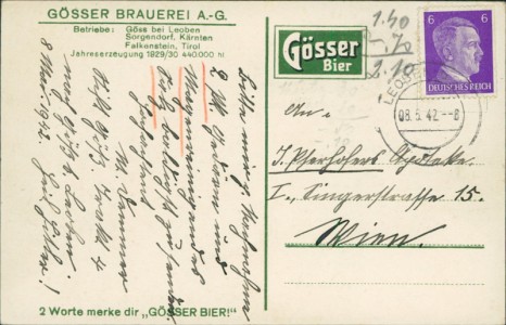 Adressseite der Ansichtskarte Gösser Brauerei A.-G., Göss bei Leoben