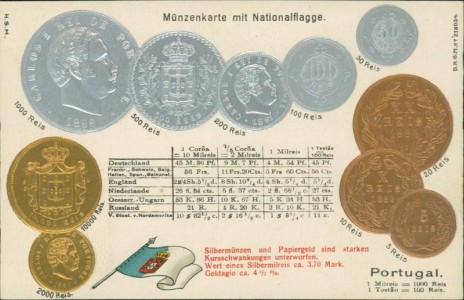Alte Ansichtskarte Portugal, Münzen und Flagge auf Ansichtskarte / states coin card