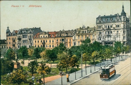 Alte Ansichtskarte Plauen, Albertplatz mit Straßenbahn