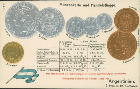 Alte Ansichtskarte Argentinien / Argentinia, Münzen und Flagge auf Ansichtskarte / states coin card