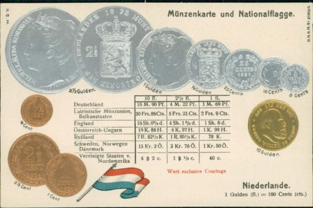 Alte Ansichtskarte Niederlande / Netherlands, Münzenkarte und Nationalflagge / states coin card
