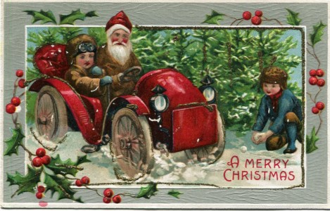 Alte Ansichtskarte A merry Christmas, Weihnachtsman im Auto