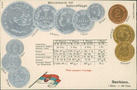 Alte Ansichtskarte Serbien / Serbia, Münzenkarte und Nationalflagge / states coin card