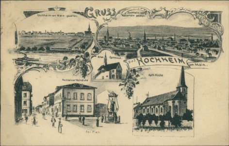 Alte Ansichtskarte Hochheim am Main, Gesamtansicht, Altes Rathaus, Hochheimer Weinstube, Kath. Kirche