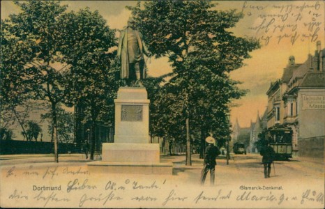 Alte Ansichtskarte Dortmund, Bismarck-Denkmal mit Straßenbahn